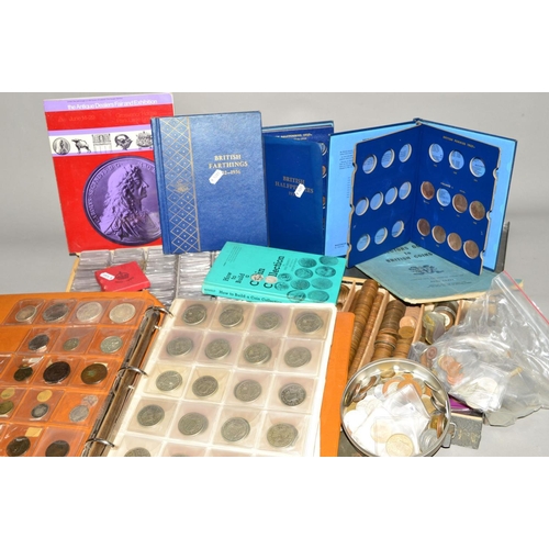 341 - A LARGE PLASTIC CASE OF COINS IN ALBUM FOLDERS, TINS, etc, to include many in plastic wallets with a... 