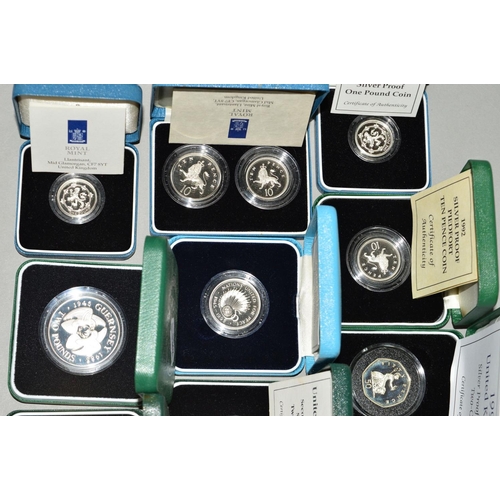 346 - A COLLECTION OF UK SILVER PROOF COINS IN BOXES OF ISSUE, with certificates of authenticity from the ... 