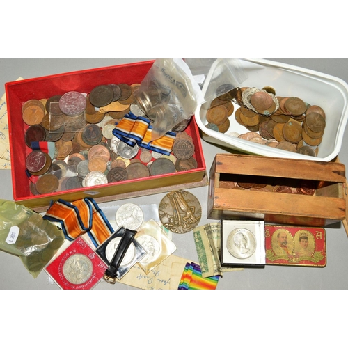 349 - TWO BOXES AND A TUB OF WORLD COINS, to include a William III Halfcrown 1697, George IIII Halfcrown 1... 