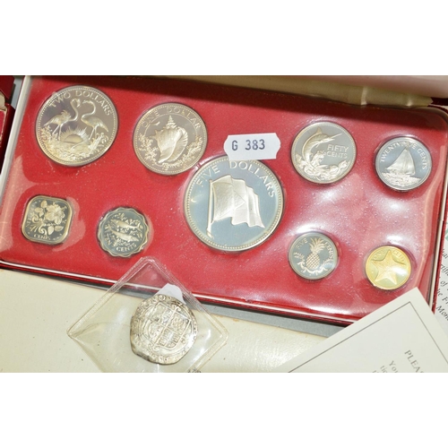 355 - A SMALL BOX CONTAINING A PROOF SET OF COINS FROM THE BAHAMAS 1974, to include four of the proofs in ... 