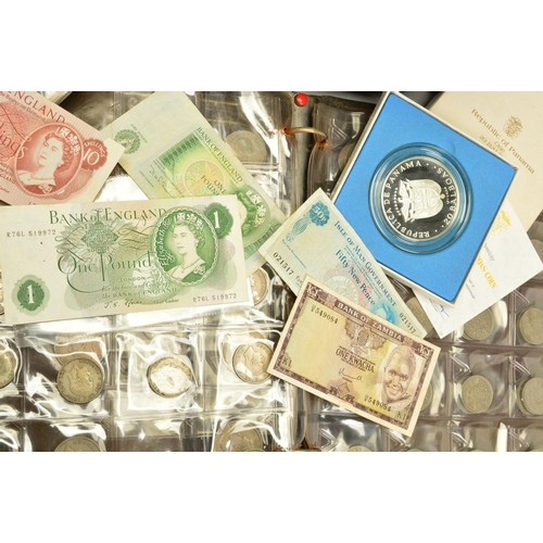 359 - A CARRY BAG OF COINS AND COMMEMORATIVES, to include a 1974 Panama 20 Bilboas coin proof in sterling ... 