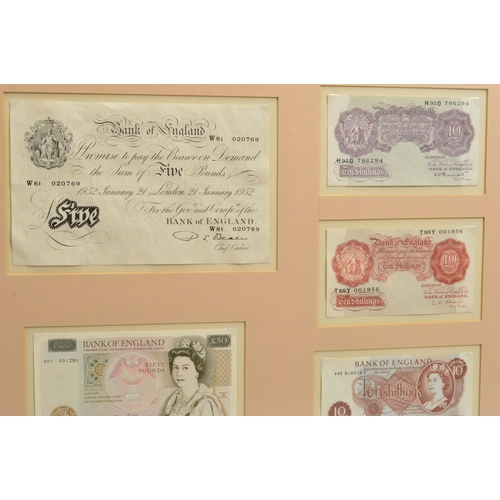 360 - A LARGE FRAMED BANKNOTE DISPLAY, to include a Beal January 1952 white five pounds in unc condition, ... 