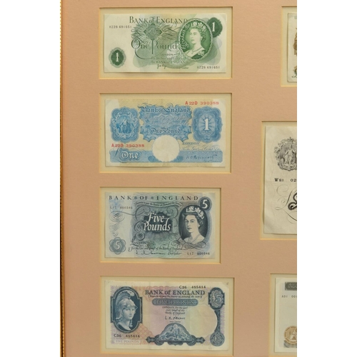 360 - A LARGE FRAMED BANKNOTE DISPLAY, to include a Beal January 1952 white five pounds in unc condition, ... 