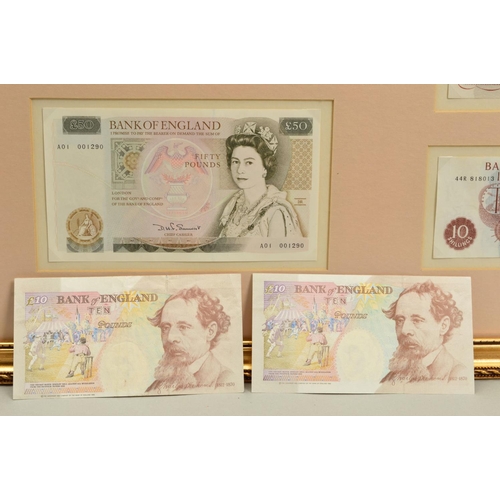 360 - A LARGE FRAMED BANKNOTE DISPLAY, to include a Beal January 1952 white five pounds in unc condition, ... 