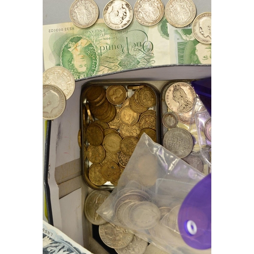 361 - A SHOE BOX OF MAINLY UK COINAGE, to include amounts of silver coins, two George III Crowns 1819, two... 