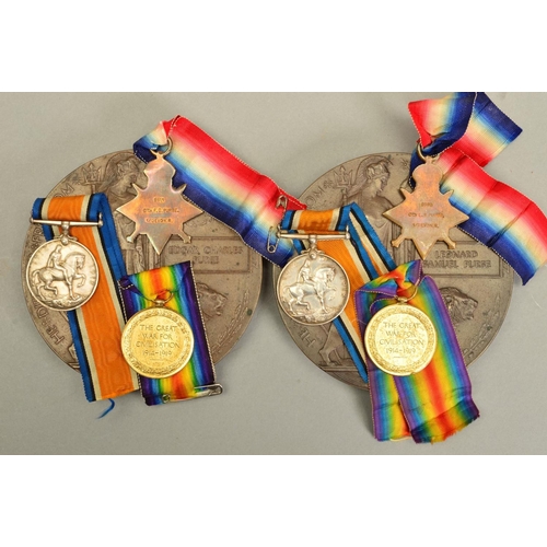 385 - TWO 1914 STAR TRIO OF MEDALS, with matching memorial death plaque to two brothers both killed in the... 