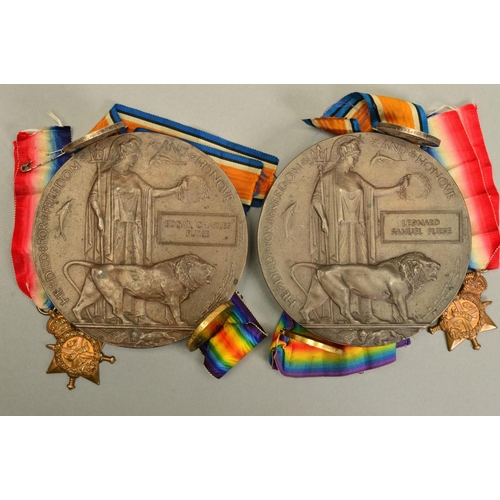 385 - TWO 1914 STAR TRIO OF MEDALS, with matching memorial death plaque to two brothers both killed in the... 