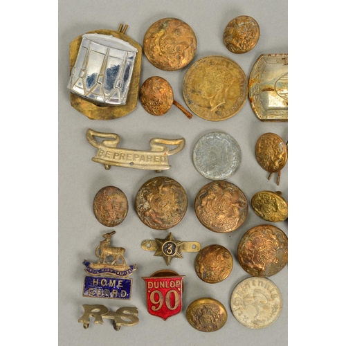 390 - A PLASTIC STORAGE BOX CONTAINING A NUMBER OF BRITISH COINS AND BADGES, together with uniform button ... 