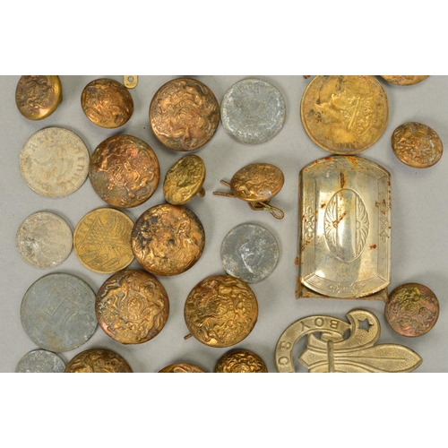 390 - A PLASTIC STORAGE BOX CONTAINING A NUMBER OF BRITISH COINS AND BADGES, together with uniform button ... 