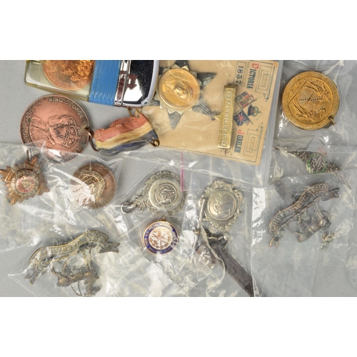 392 - A BOX CONTAINING A NUMBER OF MILITARY BADGES AND ITEMS, Warwickshire Regiment cap badges, collar dog... 