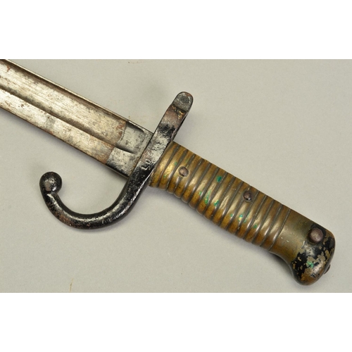 395 - A FRENCH 1866 PATTERN 'CHASSEPOT' STYLE BAYONET AND SCABBARD, both blade and scabbard are numbered b... 