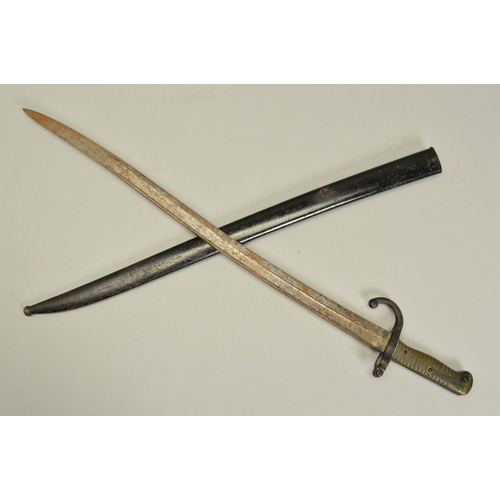 395 - A FRENCH 1866 PATTERN 'CHASSEPOT' STYLE BAYONET AND SCABBARD, both blade and scabbard are numbered b... 