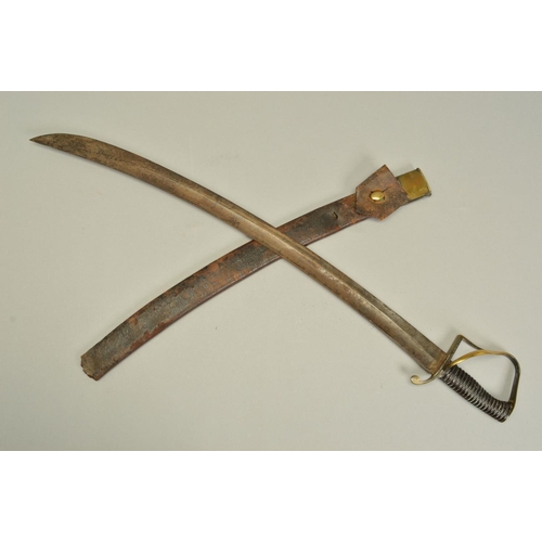 397 - A FRENCH ? VICTORIAN INFANTRY OFFICER SWORD, in leather and metal scabbard, curved blade, no makers ... 