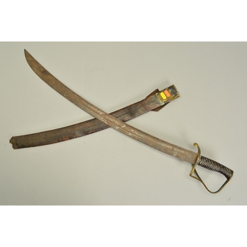 397 - A FRENCH ? VICTORIAN INFANTRY OFFICER SWORD, in leather and metal scabbard, curved blade, no makers ... 