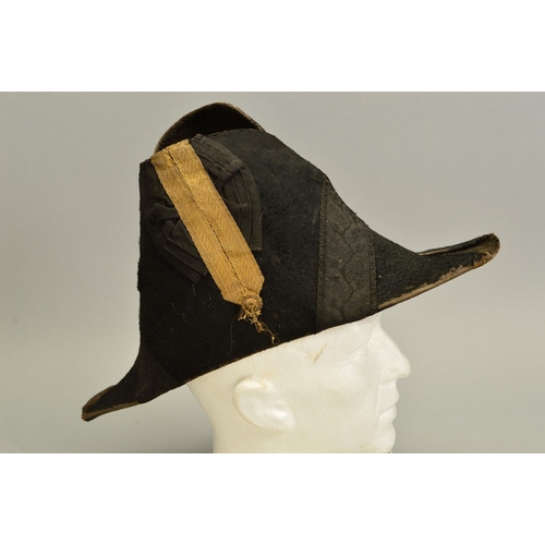 400 - A POSSIBLY BLACK SILK MADE FRENCH ? NAPOLEONIC 'BICORNE' MILITARY HAT, with silver trim, no makers m... 