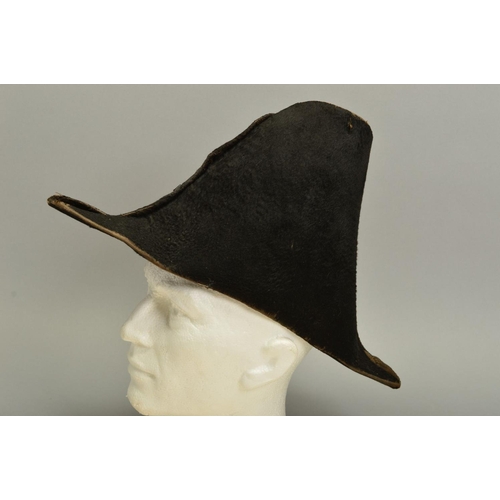 400 - A POSSIBLY BLACK SILK MADE FRENCH ? NAPOLEONIC 'BICORNE' MILITARY HAT, with silver trim, no makers m... 