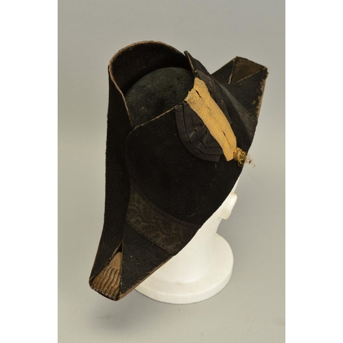 400 - A POSSIBLY BLACK SILK MADE FRENCH ? NAPOLEONIC 'BICORNE' MILITARY HAT, with silver trim, no makers m... 