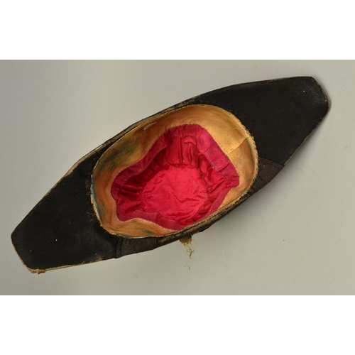 400 - A POSSIBLY BLACK SILK MADE FRENCH ? NAPOLEONIC 'BICORNE' MILITARY HAT, with silver trim, no makers m... 