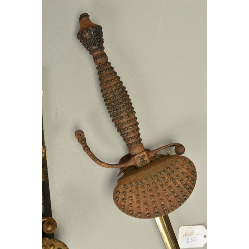 405 - AN ORNATE PAIR OF COURT DRESS SWORDS, both with leather scabbards, one is missing the bottom 15cm or... 