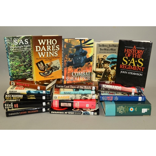 417 - A BOX CONTAINING NINETEEN HARD BOUND BOOKS, all Military themed, covering subjects as German SS, Hit... 