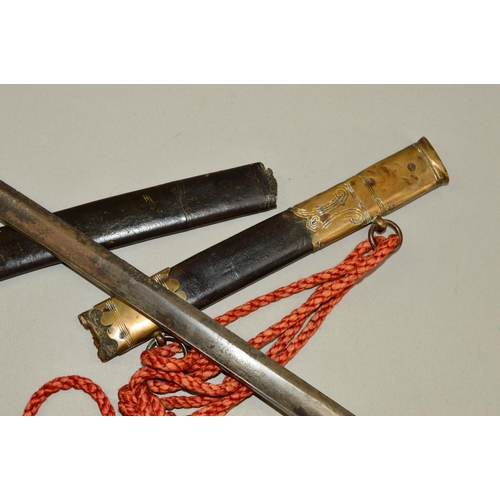 426 - A LATE BELIEVED 19TH CENTURY OFFICERS SWORD AND METAL AND LEATHER SCABBARD, which is broken in two p... 