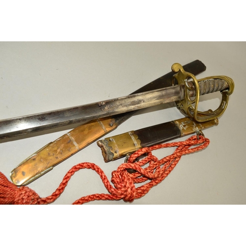 426 - A LATE BELIEVED 19TH CENTURY OFFICERS SWORD AND METAL AND LEATHER SCABBARD, which is broken in two p... 