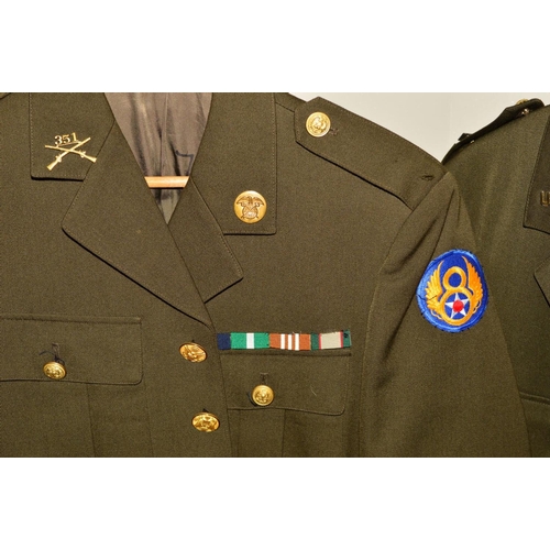 432 - THREE WWII STYLE US ARMY DRESS UNIFORM JACKETS, two short Battle Dress, all with ribbons collar dogs... 