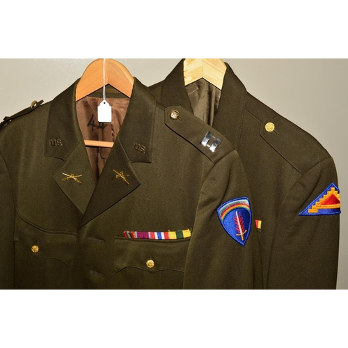 432 - THREE WWII STYLE US ARMY DRESS UNIFORM JACKETS, two short Battle Dress, all with ribbons collar dogs... 