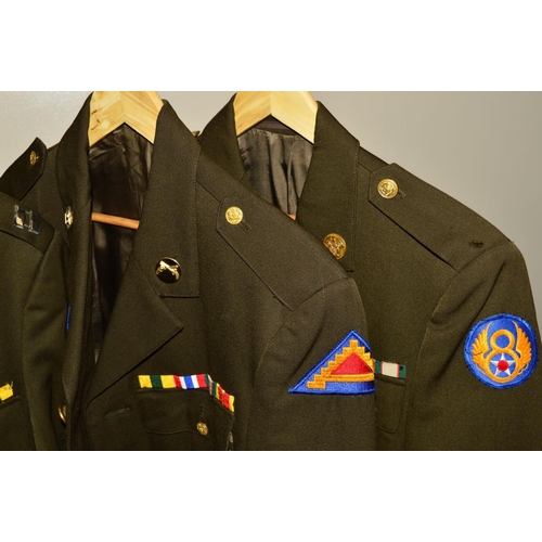 432 - THREE WWII STYLE US ARMY DRESS UNIFORM JACKETS, two short Battle Dress, all with ribbons collar dogs... 