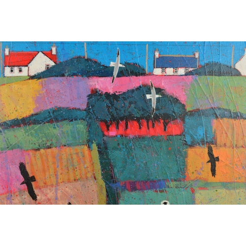 553 - DAVID BODY (BRITISH CONTEMPORARY) 'HILLTOP HOUSES' a colourful Scottish landscape, signed lower left... 