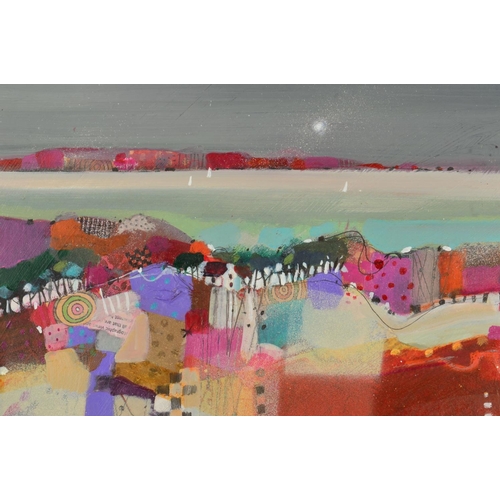 558 - EMMA S DAVIS (SCOTTISH CONTEMPORARY) 'EVENING PATCHWORK' a colourful landscape with the sea in the d... 