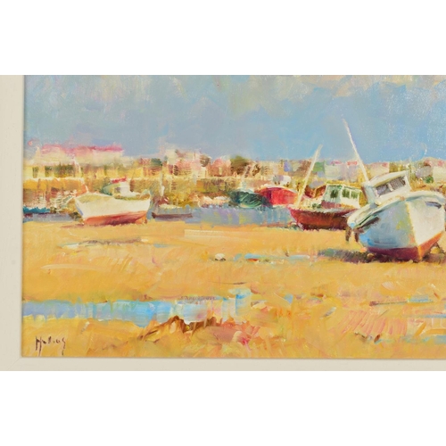 562 - HELIOS GISBERT (SPANISH 1958), BOATS BEACHED AT LOW TIDE, signed bottom left, acrylic on board, fram... 