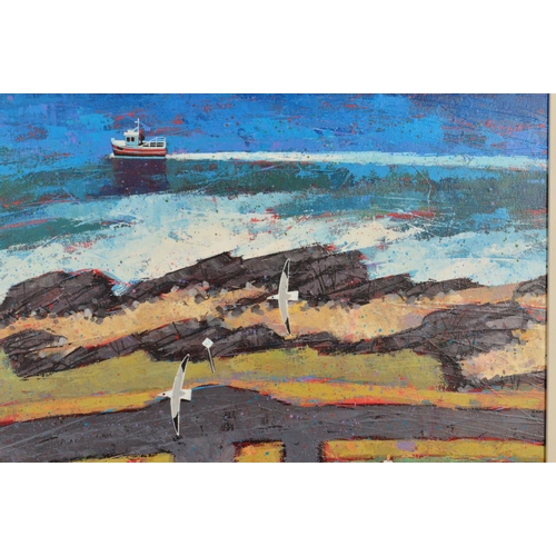 567 - DAVID BODY (BRITISH CONTEMPORARY) 'CREEL BOAT', cottages by the sea, fishing boat to the distance, s... 