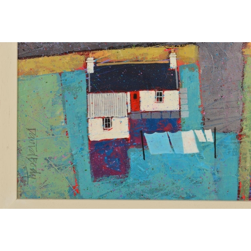 567 - DAVID BODY (BRITISH CONTEMPORARY) 'CREEL BOAT', cottages by the sea, fishing boat to the distance, s... 