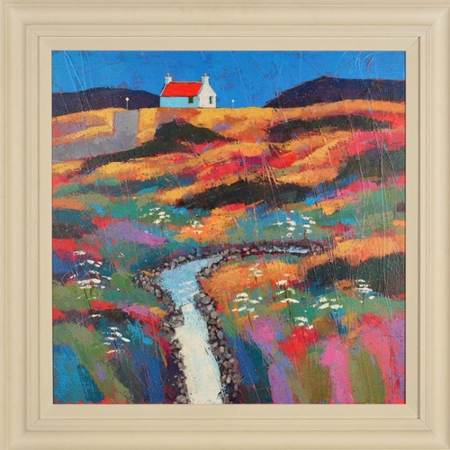 575 - DAVID BODY (BRITISH CONTEMPORARY) 'SMALL BURN' a colourful Scottish landscape, signed lower left, ti... 