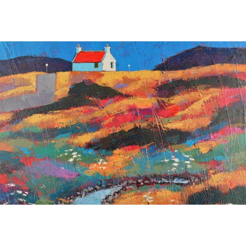 575 - DAVID BODY (BRITISH CONTEMPORARY) 'SMALL BURN' a colourful Scottish landscape, signed lower left, ti... 