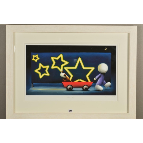 577 - DOUG HYDE (BRITISH CONTEMPORARY) 'STAR SIGN' a figure pulling a dog in a cart, signed and titled to ... 