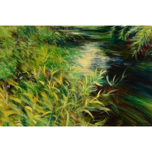 579 - NICK ANDREW (BRITISH CONTEMPORARY) 'ELOBIA', an impressionist study of a river and foliage, signed a... 