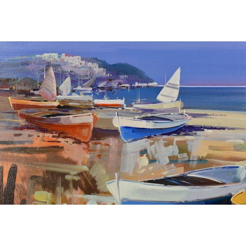 588 - FABIO COSTANTINO (ITALIAN 1952) 'SUMMER GETAWAY' boats on the shore at low tide, signed bottom right... 