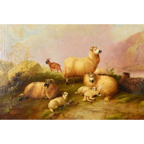 600 - M. JOYNER (BRITISH FL.1837-1868), sheep, lambs and a goat in a Highland landscape, loch in the valle... 