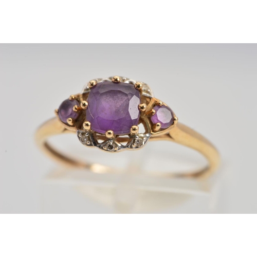 63 - A 9CT GOLD AMETHYST AND DIAMOND RING, with a central square cut amethyst within a six claw setting a... 