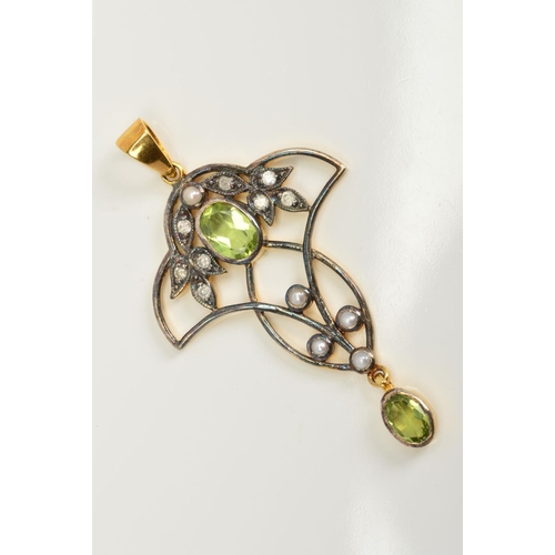 64 - AN OPEN WORK PENDANT, designed with a central oval peridot, with diamond and seed pearl floral surro... 