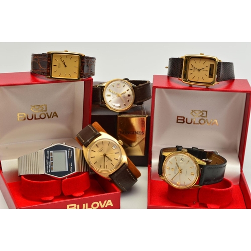 66 - SIX WRISTWATCHES, to include a gold plated Longines automatic with box, two rectangular gold plated ... 