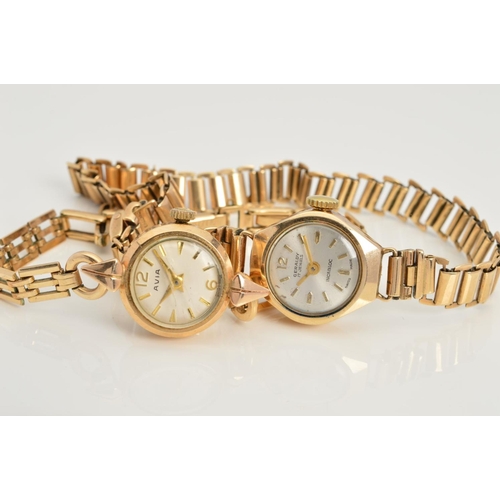 68 - TWO 9CT MECHANICAL LADIES WRISTWATCHES, first is an Avia round cased watch, silvered dial with yello... 