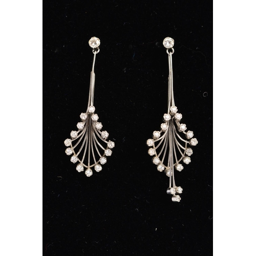 71 - A PAIR OF DIAMOND SET DROP EARRINGS, each of anthurium floral design, with graduated curved wires, l... 