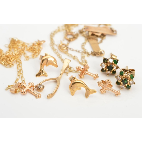 76 - SIX ITEMS OF JEWELLERY, to include a pair of diamond and emerald stud earrings, two pairs of stud ea... 