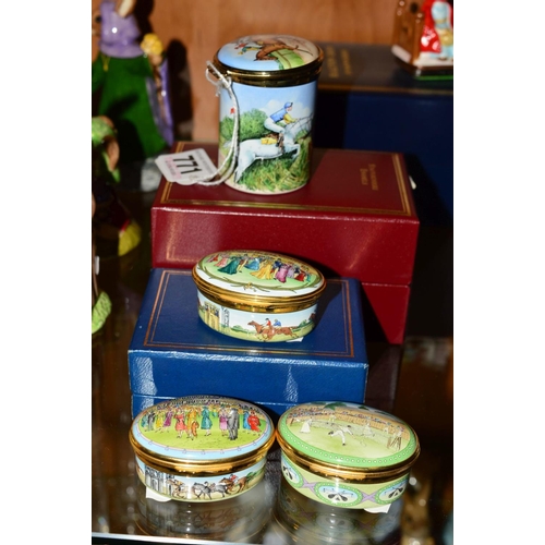 771 - A BOXED STAFFORDSHIRE ENAMEL BOX, horse racing theme, together with three Halcyon Days enamel boxes,... 