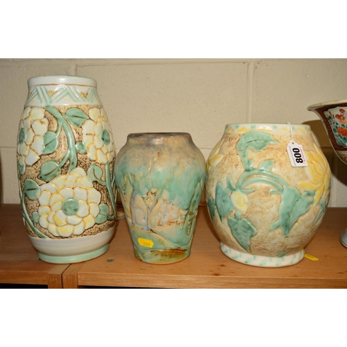 800 - THREE BOURNE DENBY DANESBY WARE PASTEL VASES, all moulded in low relief of floral or woodland decora... 