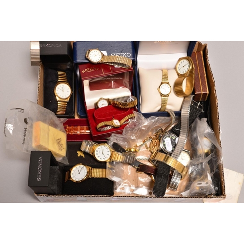 85 - A BOX CONTAINING VARIOUS QUARTZ WATCHES, to include mainly Rotary and Sekonda strap and bracelet wat... 