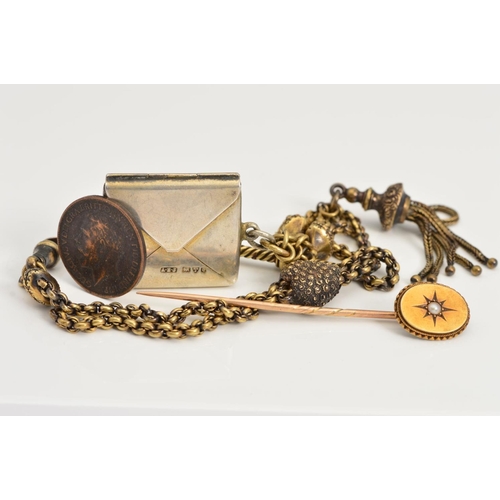 91 - AN ALBERTINA, SILVER STAMP CASE, COIN AND STICKPIN, the Albertina with double chain, heart shape spa... 